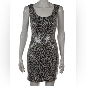 AQUA Animal Print Black Tan & Ivory Sequined Sheath Dress - Size S
